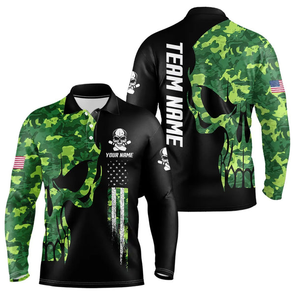 Skull Green Camouflage American Flag Mens Bowling Shirts Custom Patriotic Bowling Team Jerseys For Men NQS9641