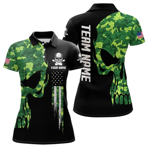 Skull Green Camouflage American Flag Women Bowling Shirt Custom Patriotic Bowling Ladies Team Jerseys NQS9641