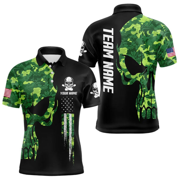 Skull Green Camouflage American Flag Mens Bowling Shirts Custom Patriotic Bowling Team Jerseys For Men NQS9641