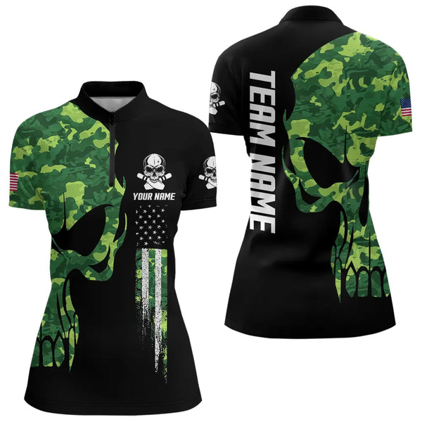 Skull Green Camouflage American Flag Women Bowling Shirt Custom Patriotic Bowling Ladies Team Jerseys NQS9641