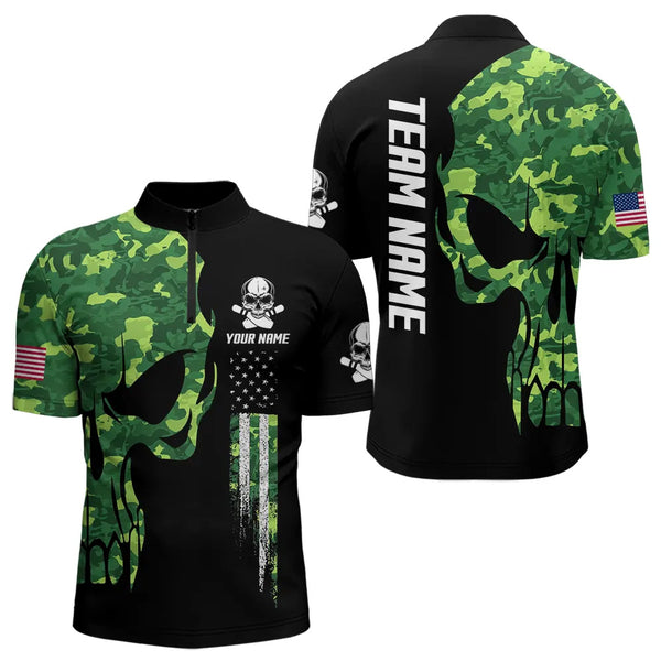 Skull Green Camouflage American Flag Mens Bowling Shirts Custom Patriotic Bowling Team Jerseys For Men NQS9641