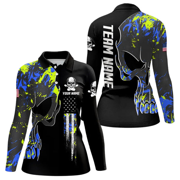 Skull Camouflage American Flag Women Bowling Shirt Custom Patriotic Bowling Ladies Team Jerseys NQS9642