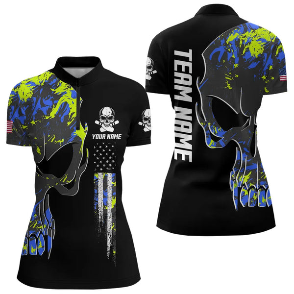 Skull Camouflage American Flag Women Bowling Shirt Custom Patriotic Bowling Ladies Team Jerseys NQS9642
