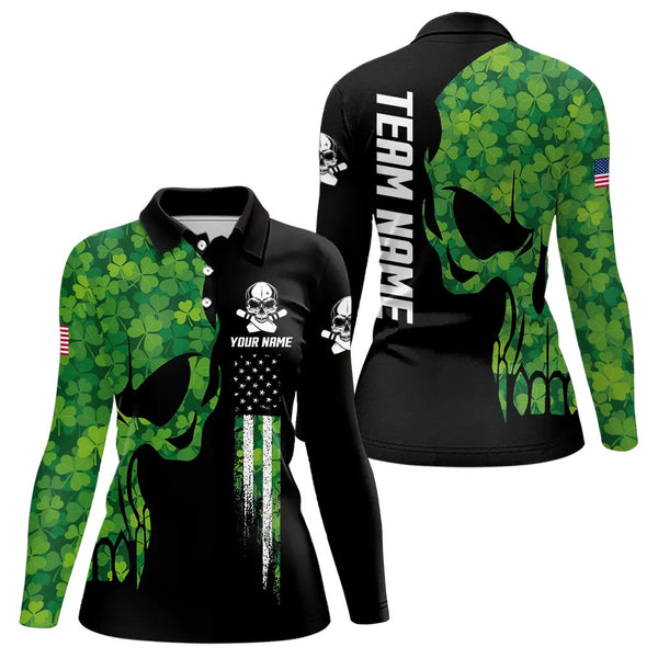 Skull Green Clover pattern American Flag Women Bowling Shirt Custom St Patrick Day Bowling Team Jersey NQS9643