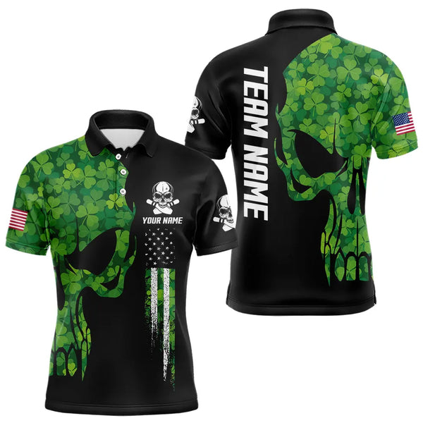 Skull Green Clover pattern American Flag Mens Bowling Shirt Custom St Patrick Day Bowling Team Jersey NQS9643