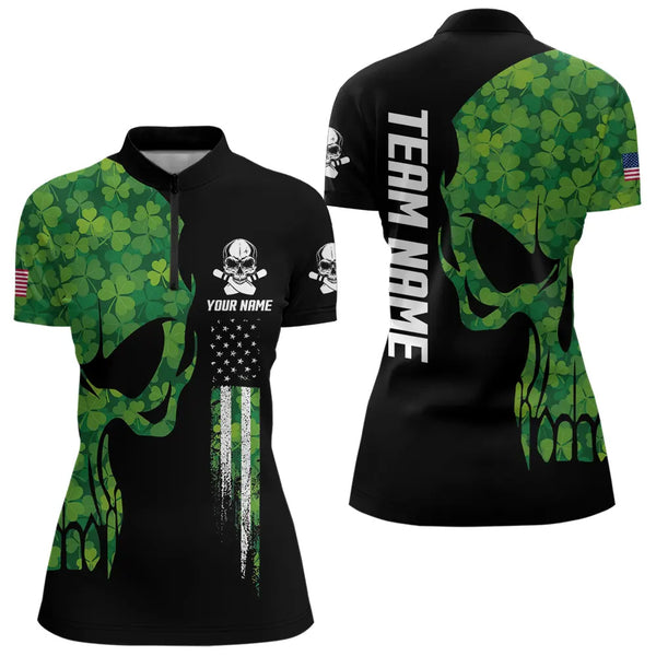 Skull Green Clover pattern American Flag Women Bowling Shirt Custom St Patrick Day Bowling Team Jersey NQS9643