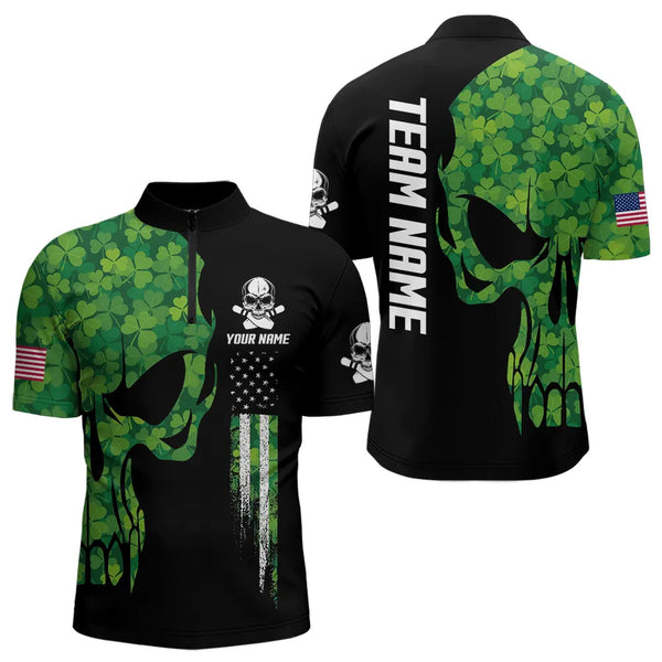 Skull Green Clover pattern American Flag Mens Bowling Shirt Custom St Patrick Day Bowling Team Jersey NQS9643