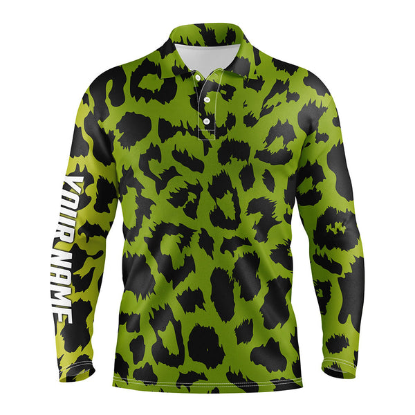 Mens golf polo shirt custom lime green leopard pattern team golf shirts, golf wear for mens NQS5431