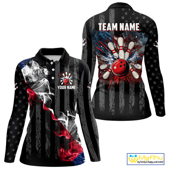 Black Texas flag smoke Women Bowling Polo, Quarter Zip shirt Custom Patriotic Team Bowling Jersey NQS10402