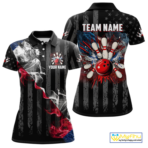 Black Texas flag smoke Women Bowling Polo, Quarter Zip shirt Custom Patriotic Team Bowling Jersey NQS10402