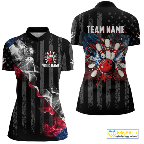Black Texas flag smoke Women Bowling Polo, Quarter Zip shirt Custom Patriotic Team Bowling Jersey NQS10402