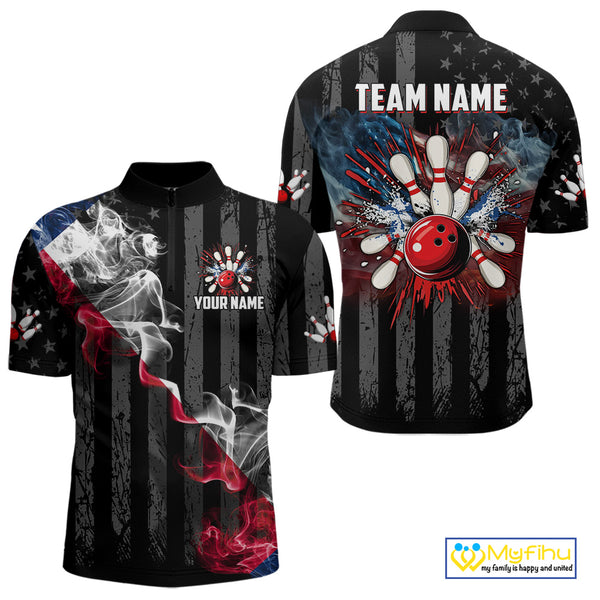 Black Texas flag smoke Men Bowling Polo, Quarter Zip shirt Custom Patriotic Team Bowling Jersey NQS10402
