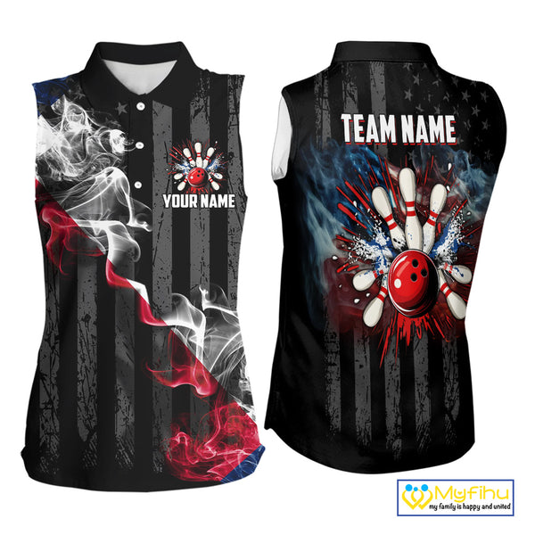Black Texas flag smoke Bowling Sleeveless Polo Shirt Custom Patriotic Team Bowling Jersey NQS10402