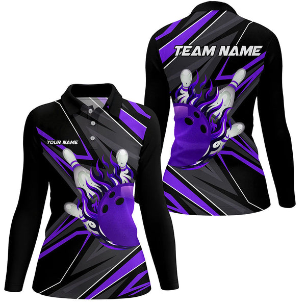 Black and Purple Womens Bowling Shirts custom Bowling Ball and Pins flame bowling jerseys for Bowlers NQS8429