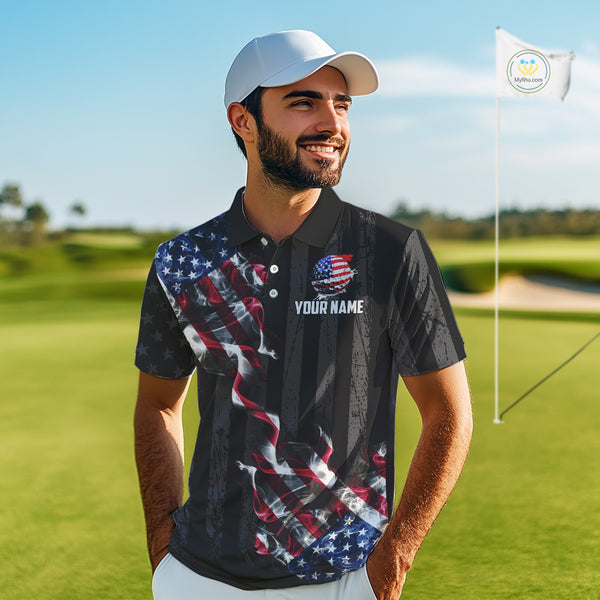 Black American flag smoke Mens golf polo shirts Custom Patriotic Team Golf attire NQS10615