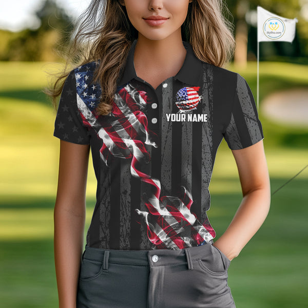 Black American flag smoke Womens golf polo shirts Custom Patriotic Team Golf attire NQS10615