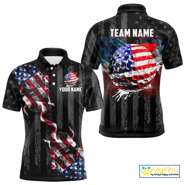 Black American flag smoke Mens golf polo shirts Custom Patriotic Team Golf attire NQS10615
