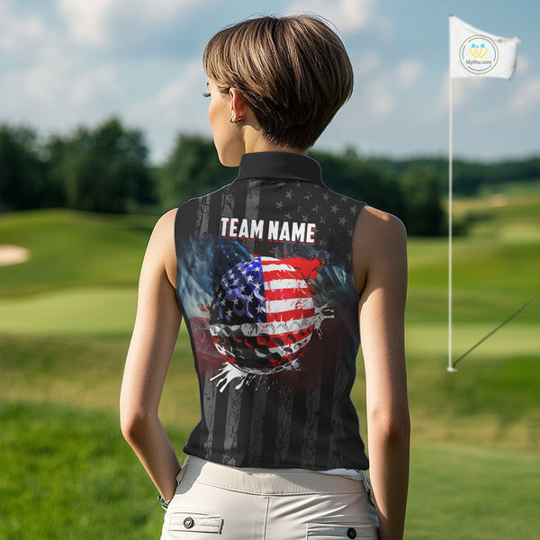 Black American flag smoke Women's Sleeveless Polo Shirt Custom Patriotic Team Golf attire NQS10615