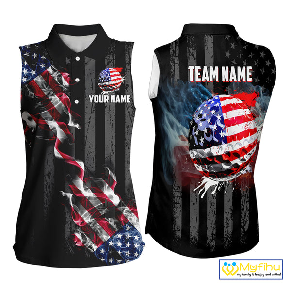 Black American flag smoke Women's Sleeveless Polo Shirt Custom Patriotic Team Golf attire NQS10615