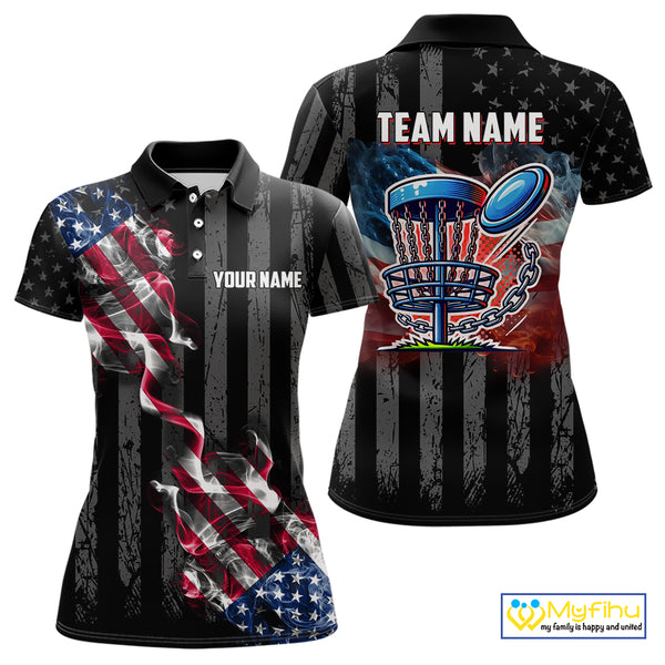 Black American flag smoke Womens disc golf polo shirts Custom Patriotic Team Disc Golf attire NQS10616