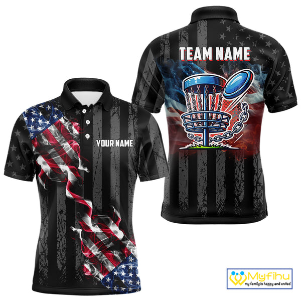 Black American flag smoke Mens disc golf polo shirts Custom Patriotic Team Disc Golf attire NQS10616
