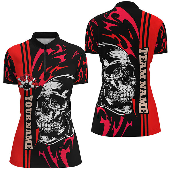 Bowling Shirts For Women Custom Black and Red flame skull Bowling ball and pins Team league Jerseys NQS8664
