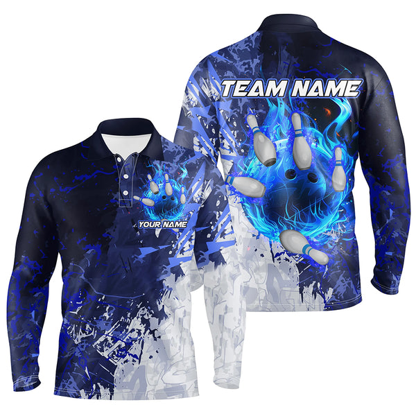 Blue Camo Flame Bowling Polo, Quarter Zip Shirts For Men Custom Bowling Team Jersey Outfits NQS8669