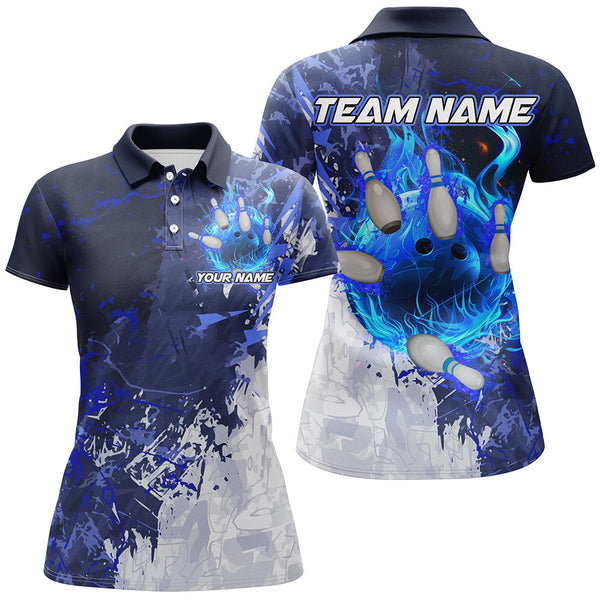 Blue Camo Flame Bowling Polo, Quarter Zip Shirts For Women Custom Bowling Team Jersey Outfits NQS8669