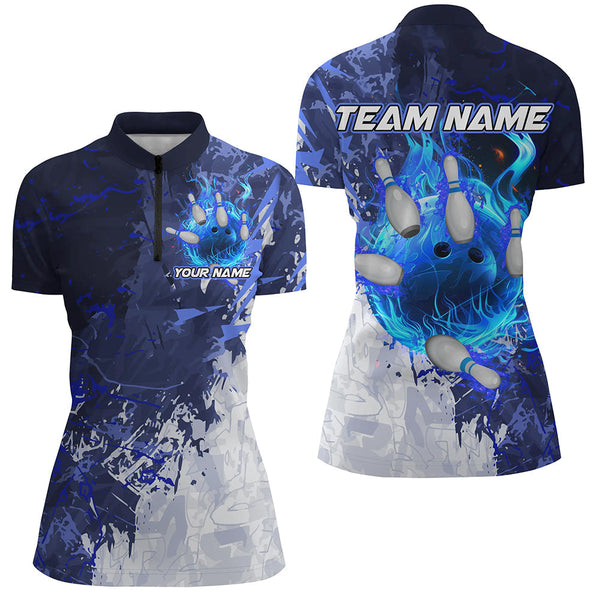 Blue Camo Flame Bowling Polo, Quarter Zip Shirts For Women Custom Bowling Team Jersey Outfits NQS8669