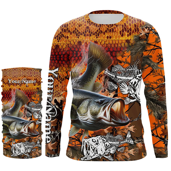 Largemouth Bass fishing orange camo performance long sleeve fishing shirt, Bass fishing jerseys NQS4293