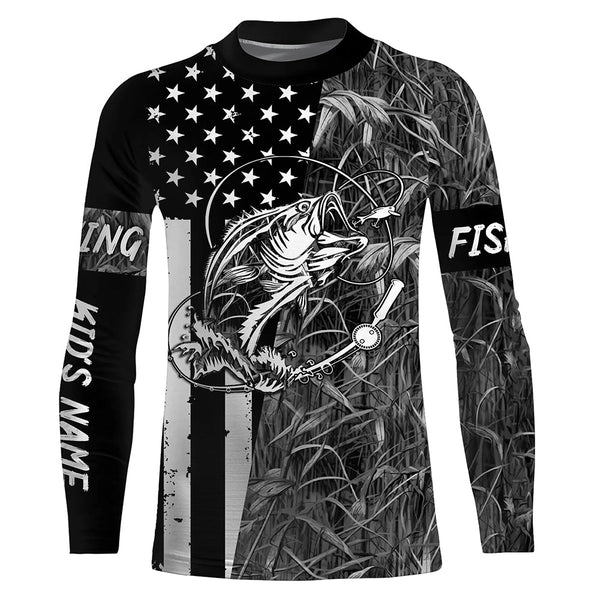 Bass Fishing American Flag patriotic gray Camo custom Performance Long Sleeve fishing shirt for angler NQSD98
