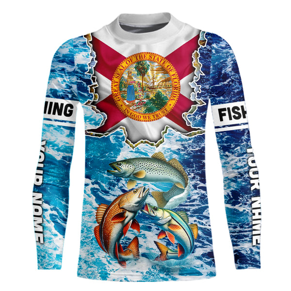 Florida Flag Redfish, trout, snook blue wave camo custom name performance long sleeve fishing shirts NQS9488