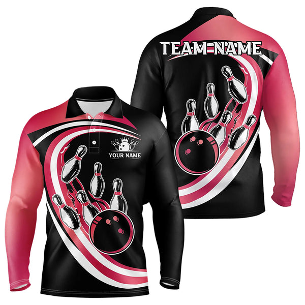 Black and Pink Bowling Polo, 1/4 Zip Shirt For Men Custom Bowling Team League Jersey, Gift For Bowler NQS9491