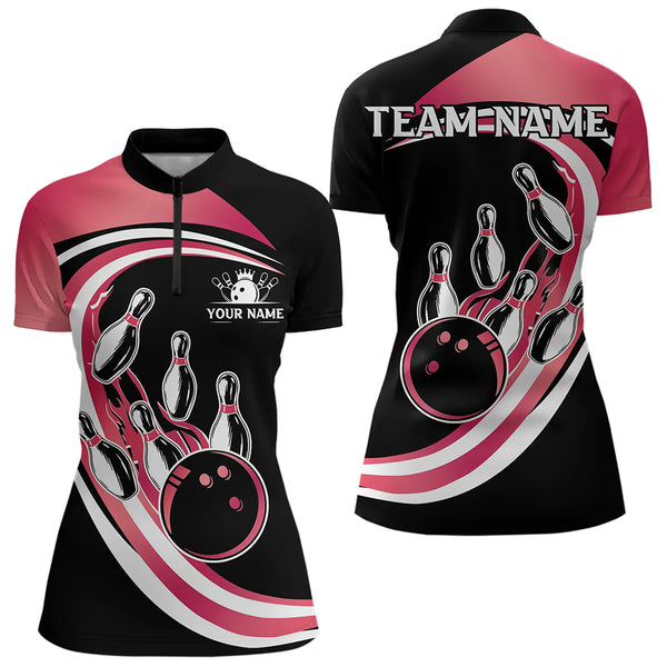 Black & Pink Bowling Polo, 1/4 Zip Shirt For Women Custom Bowling Team League Jersey, Gift For Bowler NQS9491