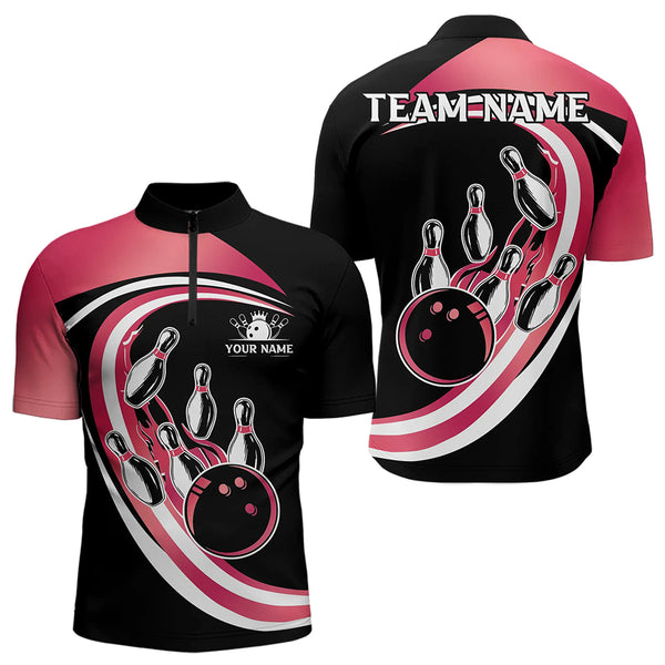 Black and Pink Bowling Polo, 1/4 Zip Shirt For Men Custom Bowling Team League Jersey, Gift For Bowler NQS9491