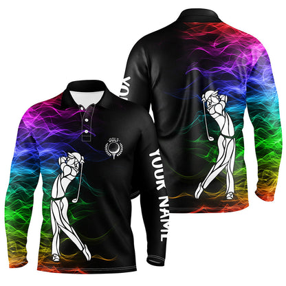 Personalized colorful rainbow smoke pattern black Mens golf polo shirts custom golf tops for mens NQS7262