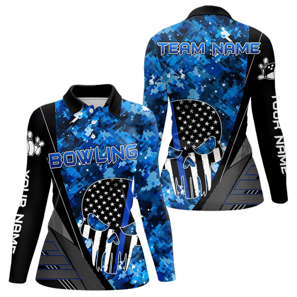 Black and White American Flag Skull Blue Camo Bowling Shirts For Women Custom Team Bowling Jerseys NQS9654