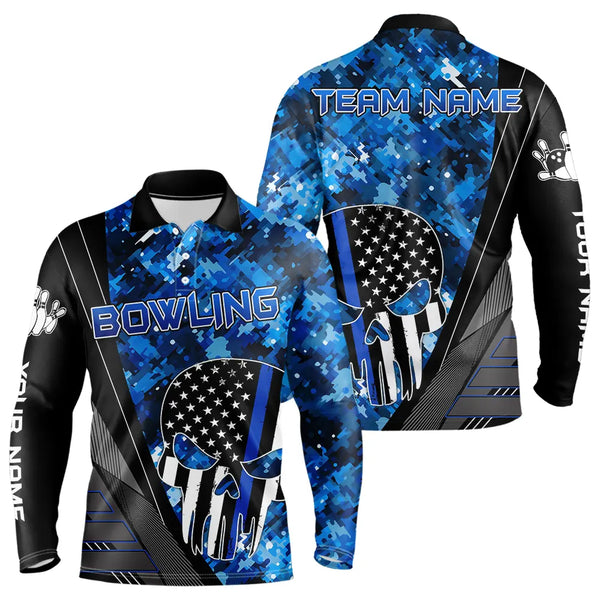 Black and White American Flag Skull Blue Camo Bowling Shirts For Men Custom Team Bowling Jerseys NQS9654