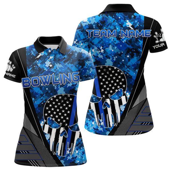 Black and White American Flag Skull Blue Camo Bowling Shirts For Women Custom Team Bowling Jerseys NQS9654
