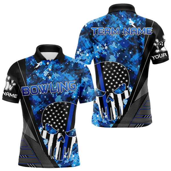 Black and White American Flag Skull Blue Camo Bowling Shirts For Men Custom Team Bowling Jerseys NQS9654