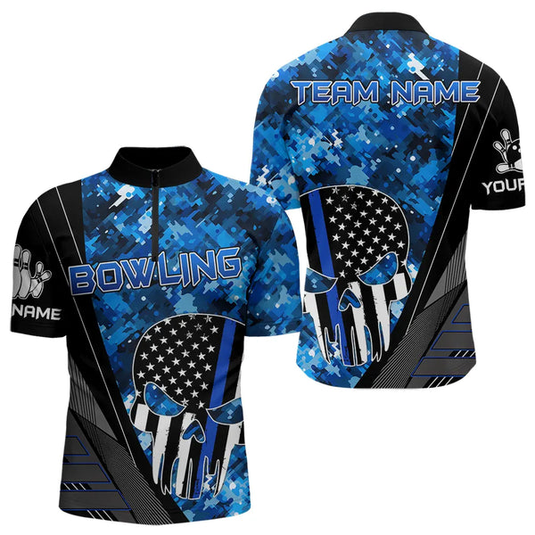 Black and White American Flag Skull Blue Camo Bowling Shirts For Men Custom Team Bowling Jerseys NQS9654