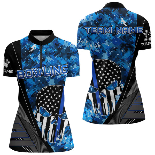 Black and White American Flag Skull Blue Camo Bowling Shirts For Women Custom Team Bowling Jerseys NQS9654