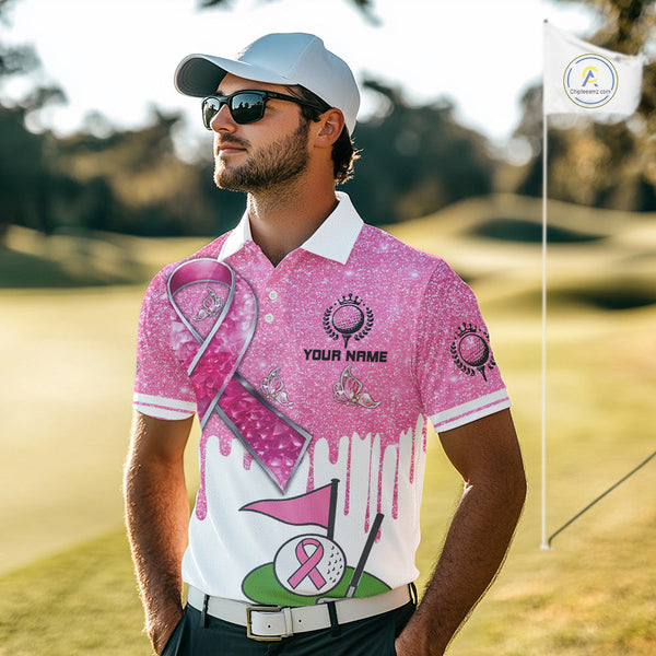 Pink ribbon glitter Golf Polo Shirts For Men Custom team golf jerseys, breast cancer golf shirts NQS9882