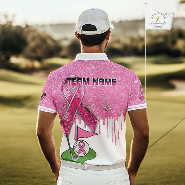 Pink ribbon glitter Golf Polo Shirts For Men Custom team golf jerseys, breast cancer golf shirts NQS9882