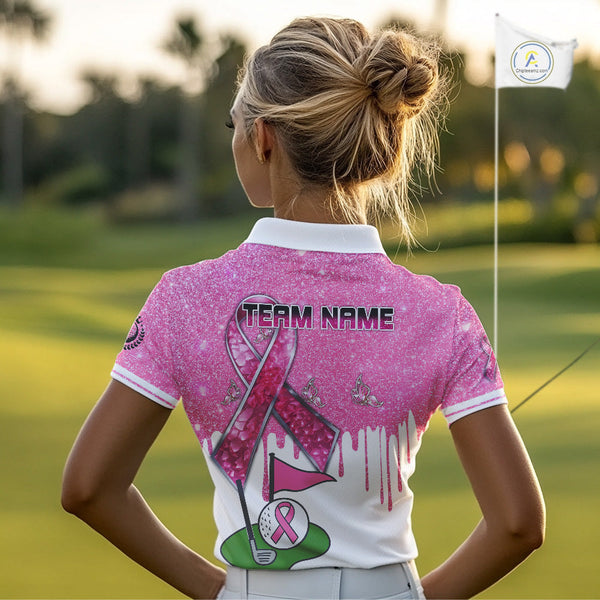 Pink ribbon glitter Golf Polo Shirts For Women Custom team golf jerseys, breast cancer golf shirts NQS9882
