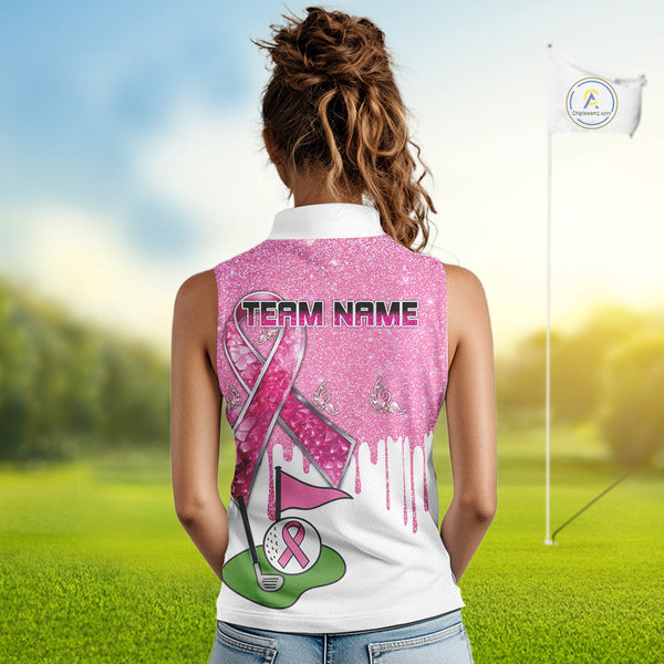 Pink ribbon glitter Women Golf sleeveless Polo Shirt Custom team golf jersey, breast cancer golf shirt NQS9882