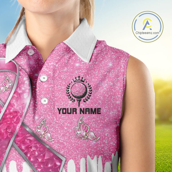 Pink ribbon glitter Women Golf sleeveless Polo Shirt Custom team golf jersey, breast cancer golf shirt NQS9882