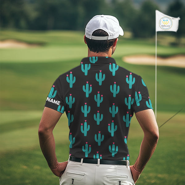 Personalized black and green cactus flower pattern mens golf polo shirts custom cactus golf shirts NQS9942