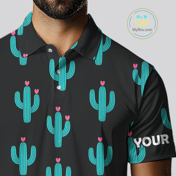 Personalized black and green cactus flower pattern mens golf polo shirts custom cactus golf shirts NQS9942