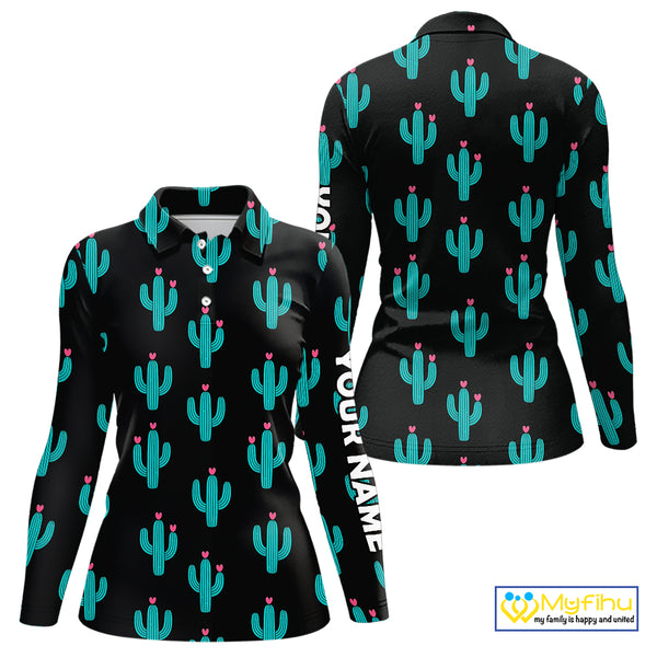 Personalized black & green cactus flower pattern Women golf polo shirts custom cactus golf shirts NQS9942